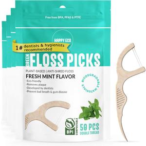Floss Picks Biodegradable (200pcs) - Plant Based Dental Floss Picks, Natural Flossers for Adults & Kids, Nontoxic Vegan Tooth Pick Flossers & Eco Floss Sticks - Double Thread Mint (50 Count (Pack of 4))