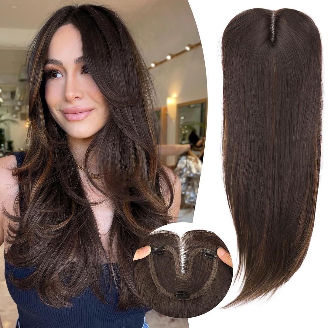 Dark Brown with Caramel Highlights Hair Toppers for Women with Thinning 3D 360 Cover Clip in Wispy Bangs Upgraded Adjustable Bandage 24 Inch Long Layered