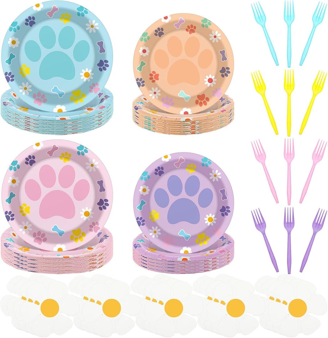 Yungyan 96 Pcs Blue Dog Birthday Party Plates and Napkins Set Pink Blue Plates Daisy Flower Napkins Dog Paw Tableware for Baby Shower Puppy Theme Birthday Party Supplies