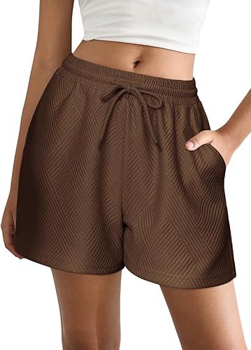 Ekouaer Womens Pajama Shorts Textured Casual Lounge Short Elastic Waist Pj Shorts Sweatsuits with Pockets 2025,Brown, XL
