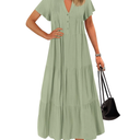 KIRUNDO Summer Maxi Dresses for Women 2025 Spring Fashion Short Sleeve Button V Neck Pleated Loose Tiered Swing Flowy Dress, Size L