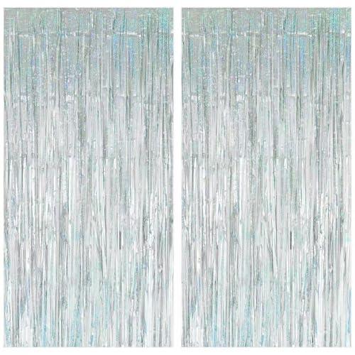 2 Pack Birthday Decoration, Silver Party Fringe Backdrop Decor Tinsel Foil Curtain Door Backdrop Banner Photo Booth Streamer for Birthday Wedding Baby Shower Bachelorette Disco Party