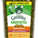 Greenies Cat Treats, Feline Smartbites, Skin & Fur Health, Crunchy and Soft Cat Treats, Chicken Flavor, 16 oz. Tub (EXP 09/09/27)