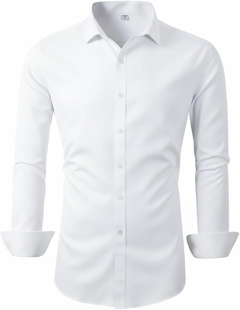 Beninos Men's Dress Shirts Solid Long Sleeve Texture Formal Shirt Business Casual Button Down Shirts (White) S