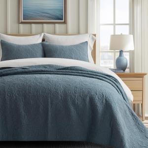EVERGRACE 100% Cotton Paisley Quilt Set, Queen Size 3 Piece Set  Prewashed Lightweight Bedspread with 2 Shams, Soft & Breathable Matelasse Coverlet for All-Season Comfort, Stormy Blue