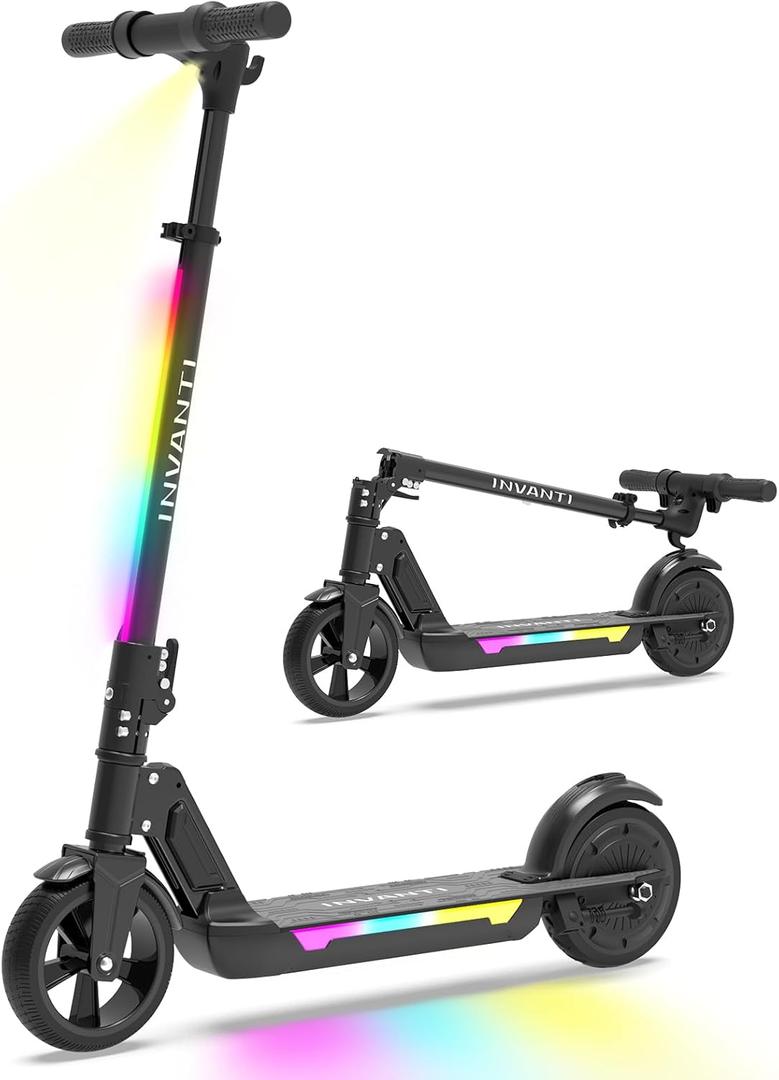 INVANTI KS03 Electric Scooter for Kids Ages 8+, 350W Peak Motor, Max 12mph & 10Miles, 7" Solid Wheel, LED Lights & Display, Double Braking, Kids Electric Scooter with 3 Adjustable Speeds & Heights (Black)