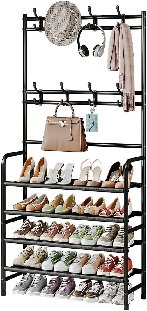 Coat Rack Shoe Rack With Storage Shelf Freestanding with 8 Hooks for Entryway Bedroom Closet 4 Tier, Black