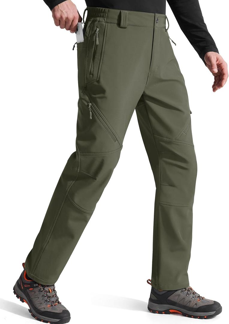 FREE SOLDIER Men's Fleece Lined Outdoor Cargo Hiking Pants Water Repellent Softshell Snow Ski Pants with Zipper Pockets (38W x 30L, Army Green)