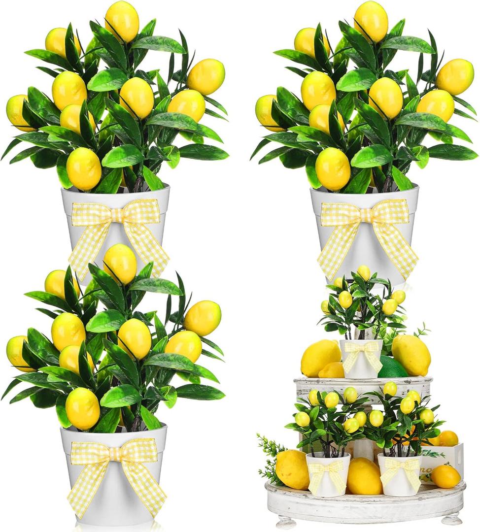 Jexine 3 Set Summer Fruits Lemon Tiered Tray Decor Artificial Lemon Plant Farmhouse Home Decor Mini Fake Etrogplants Mini Vases Tiered Tray Greenery Accessory (Lemon Style)