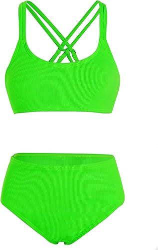 Milumia Girl's 2 Piece Swimsuits Criss Cross Spaghetti Strap Bikini Sets Swimwear Neon Green 11Y