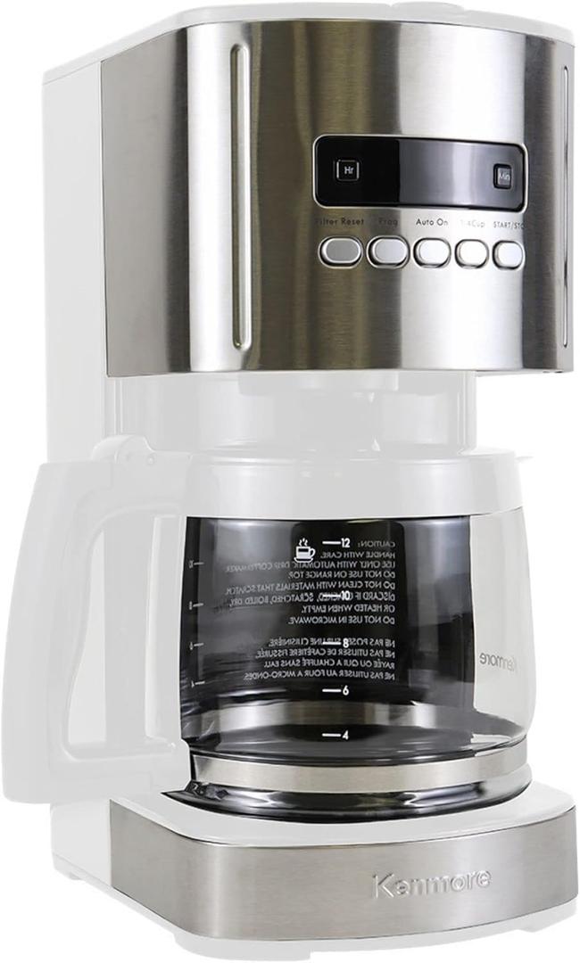 Kenmore Coffee Maker 12 cup Drip Coffee Machine Reusable Filter Programmable Timer Digital Display Aroma Control Glass Carafe Charcoal Water Filter Regular Bold Stainless Steel and white