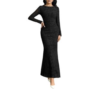 MITILLY Women's Formal Long Sleeve Dress Fall Elegant Floral Bodycon Ruched Cocktail Party Maxi Dresses (Large, Black)