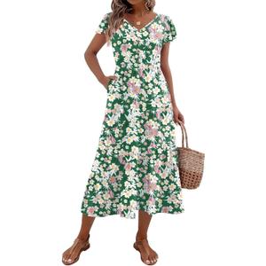 Zeagoo Spring Dresses for Women 2025 Casual Short Sleeve Midi Dress V Neck Tiered Vacation Dress with Pockets Green Floral XXL