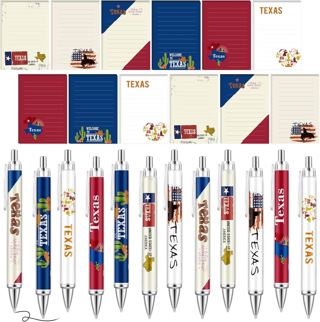 24 Pcs Notepads with Pens Cute Self Stick Notes Pens Gifts Set for Lover Sticky Notes Ballpoint Bulk for Traveler Birthday Christmas Party Gifts(Red,Blue,Texas)
