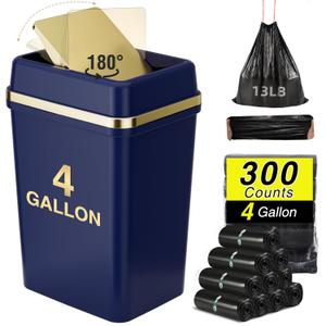 Bathroom Trash Can with Lid 4 Gallon Trash Can with Swing Lid Navy Blue Small Garbage Can Bathroom Garbage Can with 300 Counts Trash Bags for Kitchen Bedroom Office
