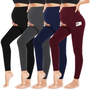 4 Pack Womens Maternity Leggings with Pockets Over The Belly Butt Lift - Soft Workout Pregnancy Yoga Pants (Small, 02-black/Dark Grey/Navy Blue/Burgundy)