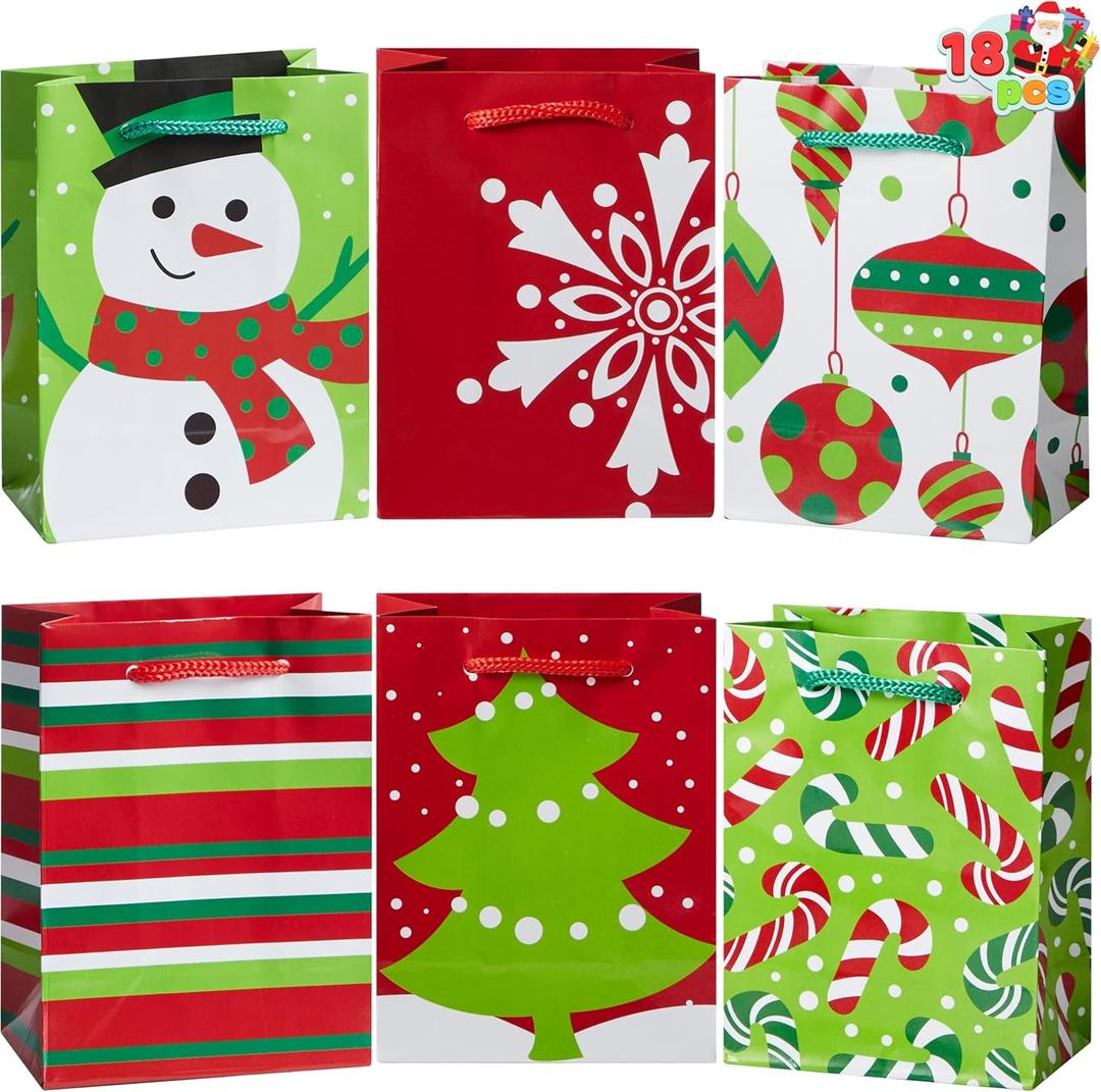 JOYIN 18 PCS Christmas Bags, Holiday Goody Gift Treat Candy Wrapping Paper Bags for Classroom and Party Favors, Xmas Decor Supplies 4.3"X5.5"X2.5" 
