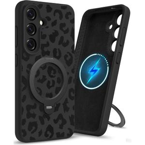 Uppuppy for Samsung Galaxy S25 Case - Liquid Silicone Compatibe with Magsafe Phone Case with Magnetic Stand and Camera Cover Cute Women Girly Kickstand Soft Cover for S25, Leopard