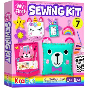 KRAFUN My First Sewing Kit for Beginner Kids Arts & Crafts, 7 Easy DIY Projects of Stuffed Animal Dolls and Plush Pillow Craft, Instructions & Felt, Gift for Girls, Boys, Learn to Sew, Embroidery