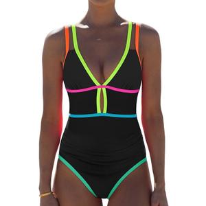 Popvil Women One Piece Swimsuit 2025 Tummy Control Sexy Cutout Neon Color Block Bathing Suit Deep V Neck Adjustable Swimwear Medium