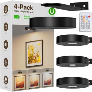 Picture Lights for Wall Battery Operated,4-Pack Magnetic Battery Operated Picture Light,Dimmable Timer Wall Lights for Pictures on Wall,Art Light for Picture Frame,Gallery,Portrait,Puck Lights, Black