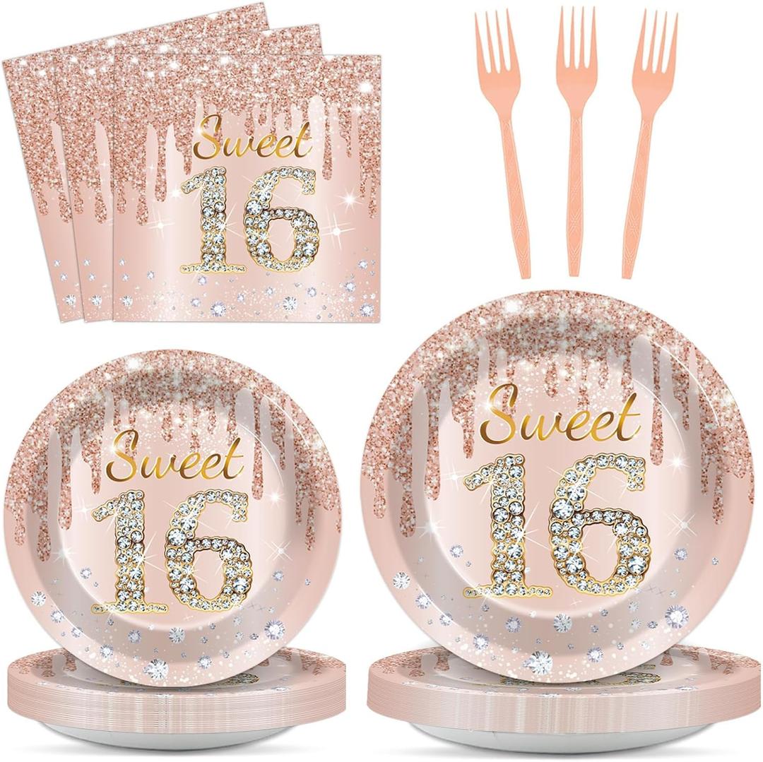 96PCS Rose Gold Sweet 16th Birthday Party Paper Plates and Napkins Sixteenth Birthday Party Decoration 16 Years Old Disposable Cake Dessert Tableware Set Serves 24 Guests Girls Ladies Supplies Favor