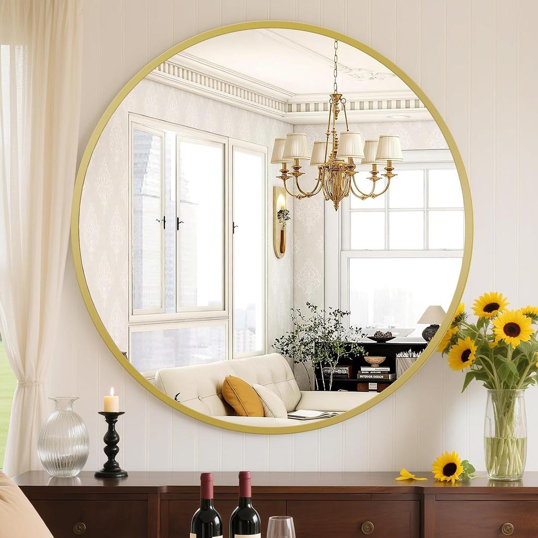 Sweetcrispy 24 Inch Round Wall Mirror with Tempered Glass, Bathroom Mirror Over Sink, Anti-Fog & Waterproof Round Mirror for Bathroom, Entryway, Bedroom, Shatterproof Design, Gold