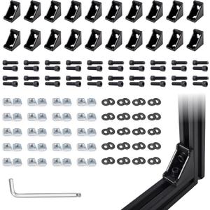 20 Sets Black 2020 Corner Bracket Kit for 2020 & 2040 Aluminum Extrusion - 20pcs 2028 Brackets, 40pcs M5 Sliding T-Nuts & Screws, 1 Ball-End Wrench  for 20 Series 6mm Slot Aluminium Profiles