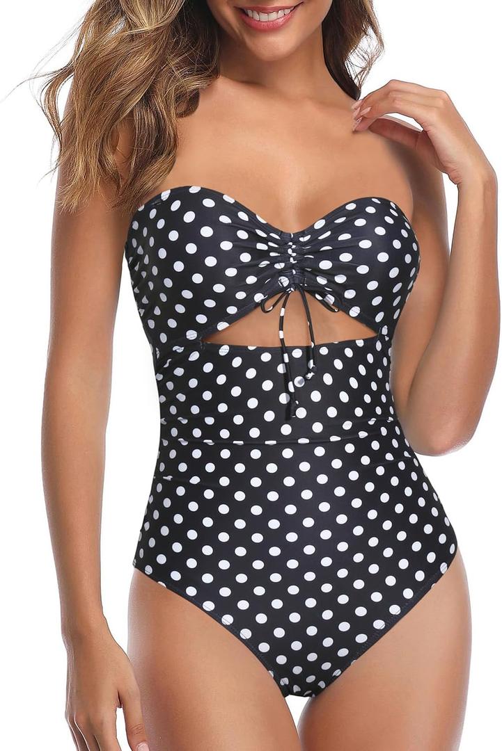 Holipick Women Tummy Control One Piece Swimsuits Strapless Bandeau Bathing Suits Ruched Slimming Swimwear (Black, L)