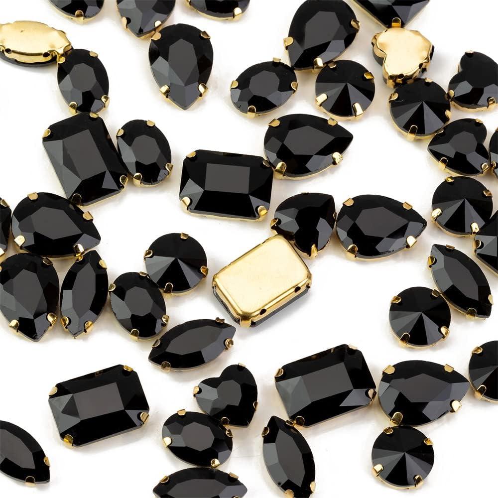 Choupee 48PCS Big Sew On Glass Rhinestone Gold Metal Back Sew on Gems Jewels Mixed Shapes for Costume, Clothes, Garments, Dress, Earring, Belt and Shoes (Gold Setting / Black)