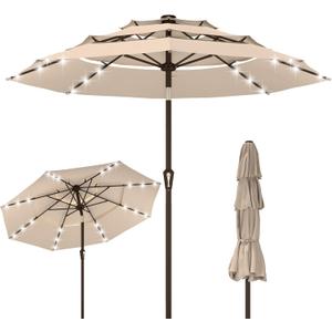Kingdura 9ft 3-Tier Patio Umbrella with Solar Lights, Table Umbrella Outdoor Patio with Easy Crank & Tilt, 8 Sturdy Ribs, UV Protection, 32 LED Lights for Deck, Poolside, Market (Beige)