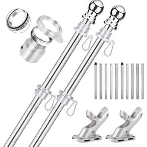 2 Pack Flag Poles for House, 6 FT Flag Pole Kit with 2 No-Tangle Aluminum Ring Clips and Holder Mounting Bracket, Heavy Duty Stainless Steel Flag Poles for Outside House, Boat Flagpole, 6ft