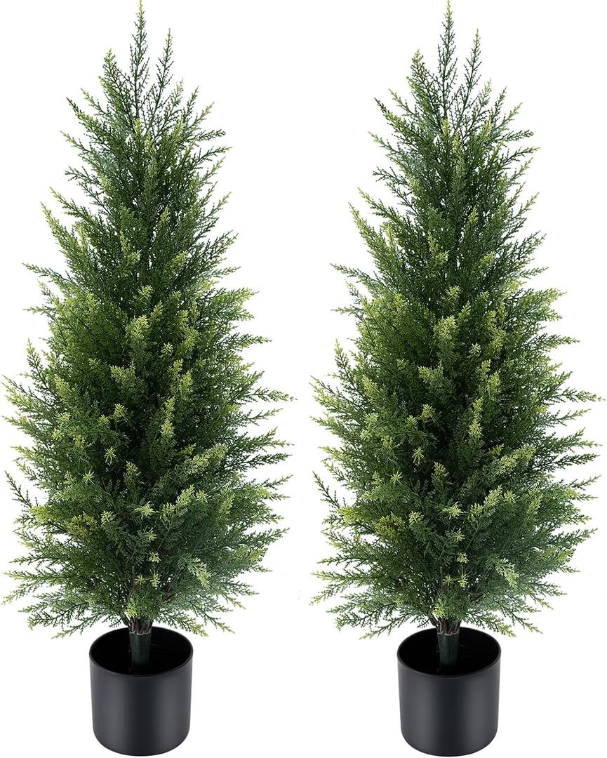 Artificial Cedar Topiary Trees 3FT, Set of 2 Outdoor Faux Evergreen Trees for Front Porch, Patio, Garden & Entryway Dcor, Realistic Lifelike Cedar Trees for Home & Office Decoration