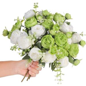 Floweroyal 2 Bunches Peony Artificial Flowers Green Flowers Silk Peonies Bouquets for Wedding Party Table Centerpieces Floral Arrangement Home Kitchen Decor