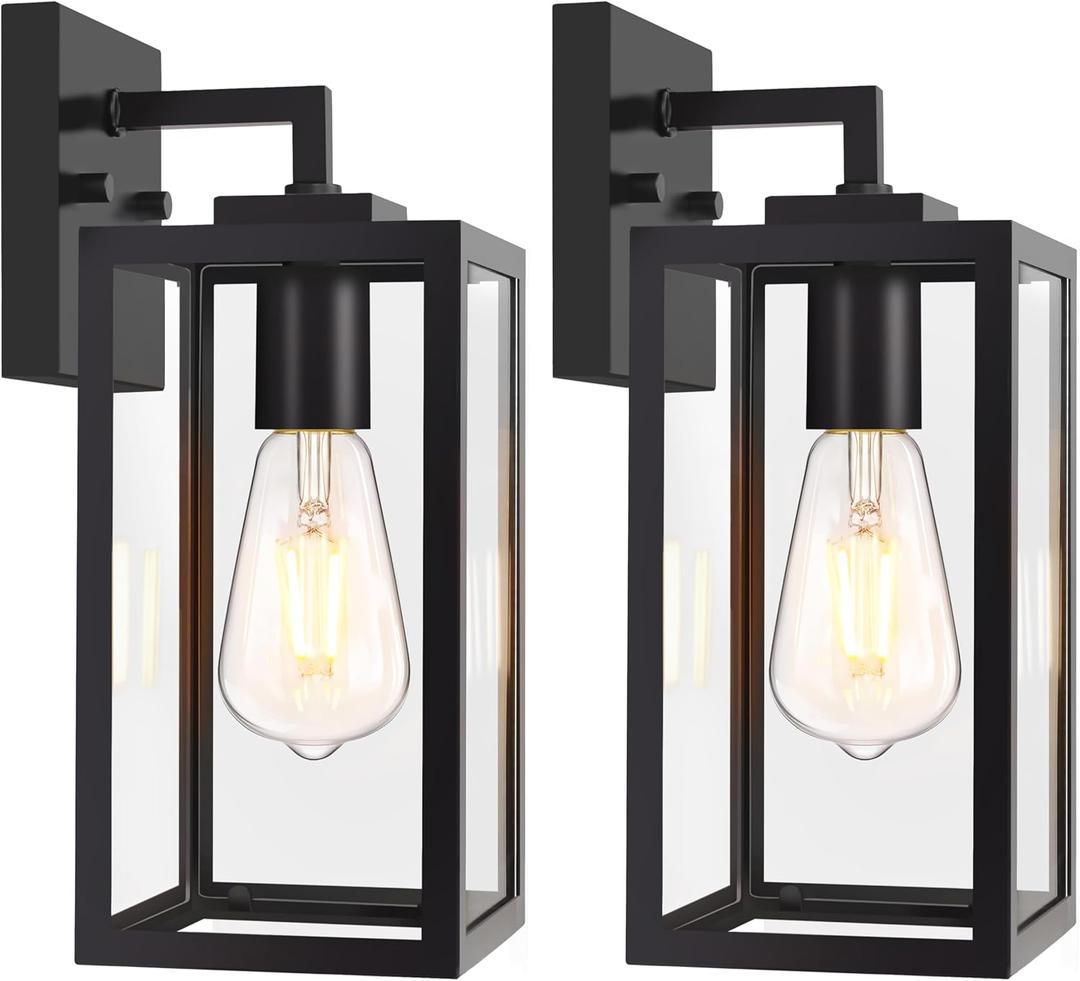 Outdoor Wall Light Fixtures, Exterior Wall Lanterns, Waterproof Outside Wall Sconce for Front Porch, Garage, Patio, Black, 2-Pack, E26 Base, Anti-Rust, Tempered Glass