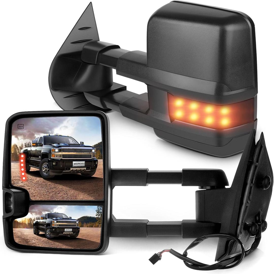 SCITOO Towing Mirrors Exterior fit for Chevy for GMC 2007-2014 for Silverado/for Sierra Pair Rear View with Power Control Heated Turn Signal Backup Light Manual Telescoping Folding