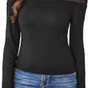 GORGLITTER Women's Turtleneck Long Sleeve Fall Tops Y2K Dressy Mock Neck Sexy Sheer Mesh Casual Going Out Tees Top 2025 (Black, XL)