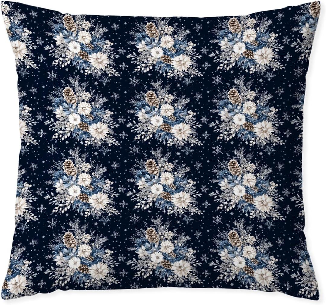 Welshower Navy Blue Christmas Winter Floral Pillow Covers 18x18, Rustic Christmas Decor, Snowflake Xmas Pinecone Botanical Decorative Throw Pillow Covers for Couch Sofa Bedroom Living Room