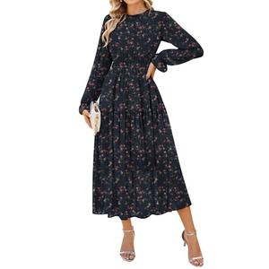 GRACE KARIN Women's Long Sleeve Maxi Dress Fall 2025 Chiffon Flowy Wedding Guest Dresses Floral Tiered Dress Black, L