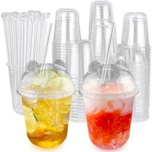 50 Sets 12oz Disposable Transparent Plastic Cup with Panda Lids & Straws, Easy-to-Grip Design, Suitable for Iced Coffee, Milk Tea,Milkshakes,Perfect for Holiday Parties,Various Dining Occasio