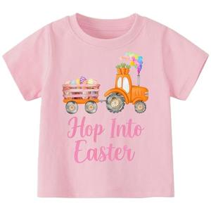 Girls Shirts Hop Into Easter Cotton Bunny Tractor T-Shirts Rabbit Eggs Carrots Casual Short Sleeve Tee (4T-5T, Pink)