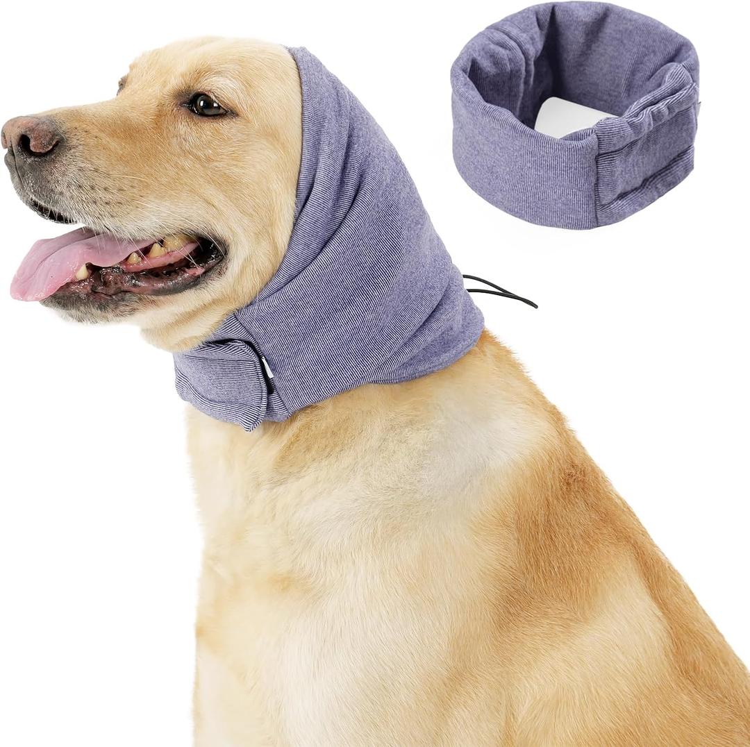 Quiet Ears for Dogs - Adjustable Ear Covers for Noise, No Shake Dog Head Wrap, Dog Calming Hood for Thunder, Lightning, Fireworks, Vet Visits, Polyester and Stretch Cotton Blend, Purple, Large