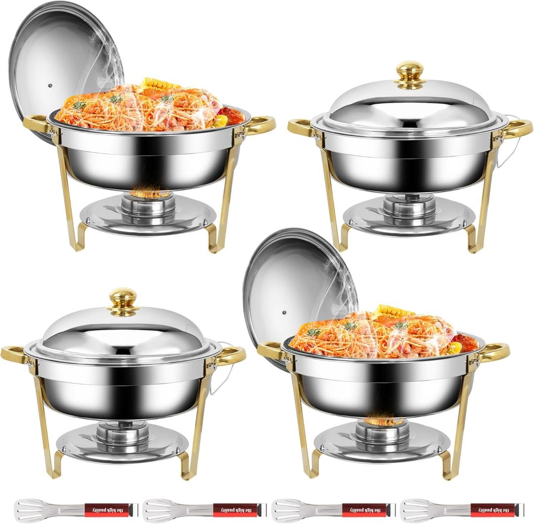 6 QT Round Chafing Dishes, 4 Pack Golden Premium Stainless Steel Chafing Dishes, Chafing Dish Buffet Set Heating and Cooling Chafing Dish for Gatherings Banquet, Buffet, Wedding, Party