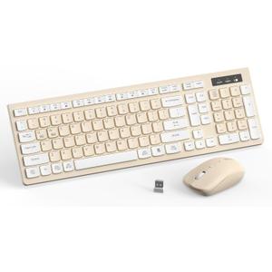 Wireless Keyboard and Mouse Combo, Full-Sized Wireless Keyboard and Adjustable DPI Mouse, 2.4GHz USB Receiver, Keyboard and Mouse for PC, Windows, Desktop, Laptop (Latte Color)