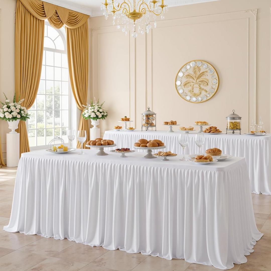 204Inch White Polyester Table Skirt for Rectangle tables 6ft(Full Cover), Wrinkle Free Pleated Ruffle Cloth Table Desk Skirts 17ft for Banquet,Wedding,Trade,Baby Shower,Display Gift Dining Tables (204" x 30" (Rectangular)