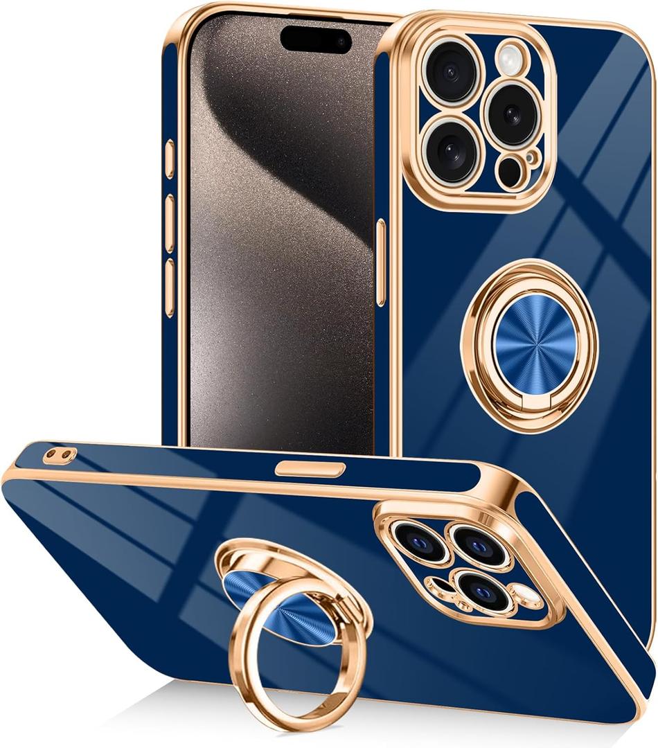 Tnarru Designed for iPhone 15 Pro Case with Ring Stand, 360 Rotatable Holder Support Magnetic Car Mount Soft TPU Plating with Full-Covered Lens Protection Phone Case for iPhone 15 Pro Blue