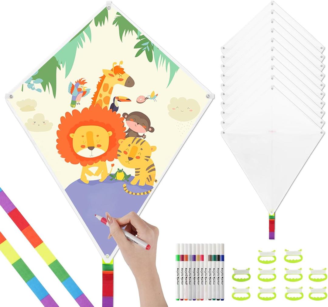 DIY Blank Kites for Kids in Bulk, Kite Making Kit for Kids, 23.6in Bulk Blank Diamond Kites for Painting with Hand Grips, 98ft Strings & 12-Color Pen - Easy to Fly Kite for Kid