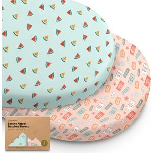 2-Pack Organic Bassinet Sheets for Girls, Boys - 100% Cotton Bassinet Mattress Sheets Compatible with Halo Bassinest Swivel Sleeper, Graco,Baby Delight,Chicco,Unisex Fitted Bassinet Sheets (Beach Day)
