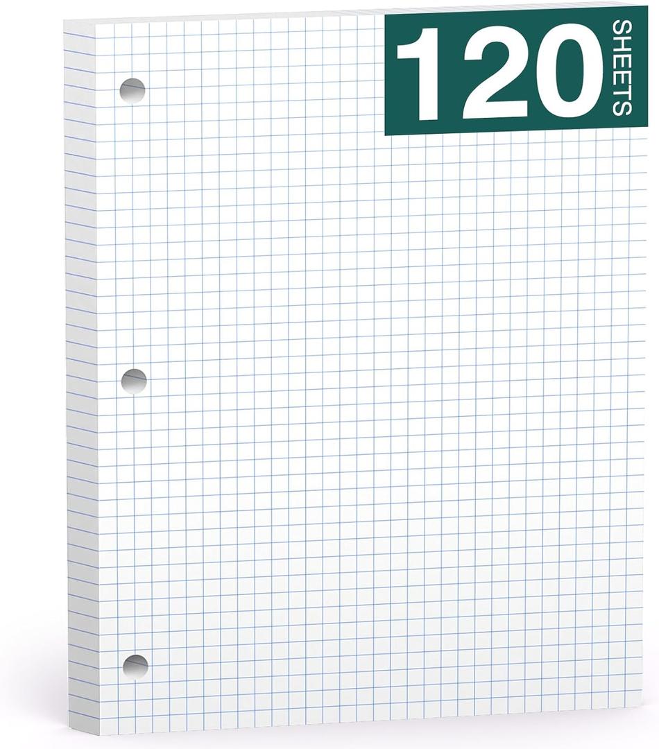 Loose Leaf Graph Paper Notebook 8 X 10.5, 120 Sheets Graphing Paper Note pads，3 Hole Punched，4x4 Quad Ruled Grid Writing Pads, 101/2" X 8 Binder Filler Paper For, Engineering, Office, School
