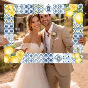 BreezeHug 32 x 24 Inch Lemon Blue Yellow Tiles Photo Booth Props Frame Mediterranean Bridal Shower Selfie Photo Frame DIY PVC Cutouts Amalfi Coast Party Decorations for Lemon Italian Bridal Shower